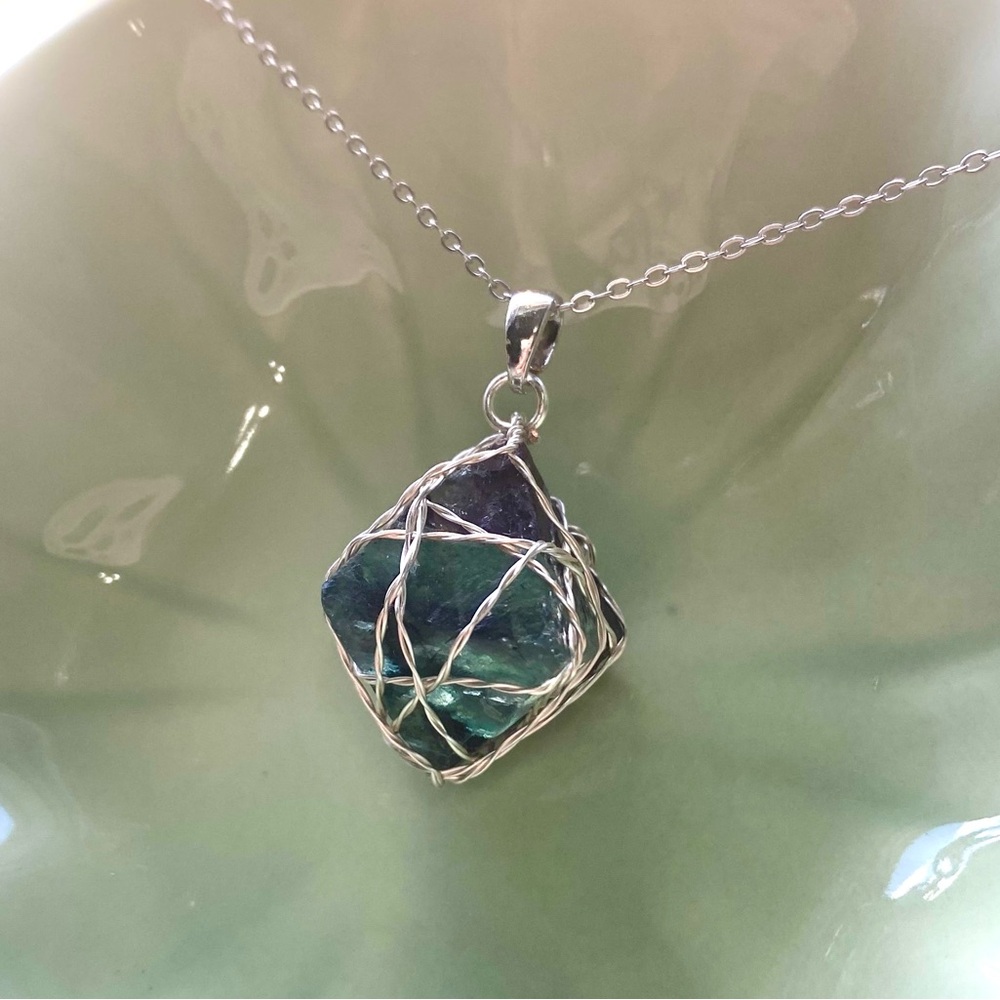 Silver Wire-Wrapped Blue Fluorite Octahedron Pendant P4